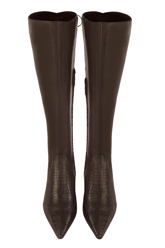Dark brown women's knee-high boots, with laces at the back. Pointed toe. Low flare heels. Made to measure. Top view - Florence KOOIJMAN